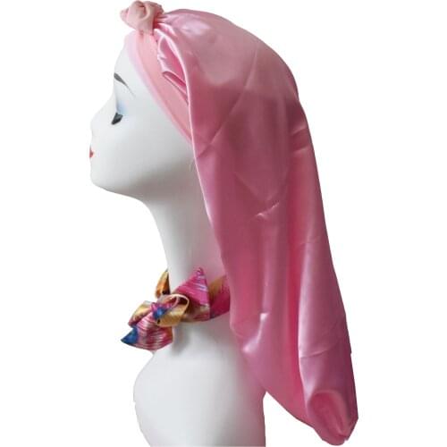 BONNET QUEEN Customize fashion women satin long braid bonnet with tie