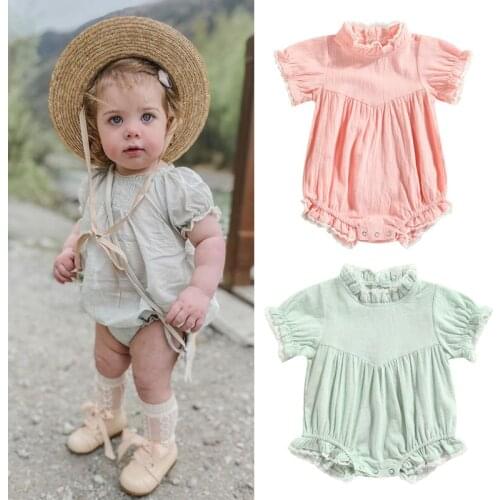 FOCUSNORM 0-24M Cute Baby Girls Boys Summer Rompers Lace Ruffles Short Sleeve Solid Button Jumpsuits 2 Colors