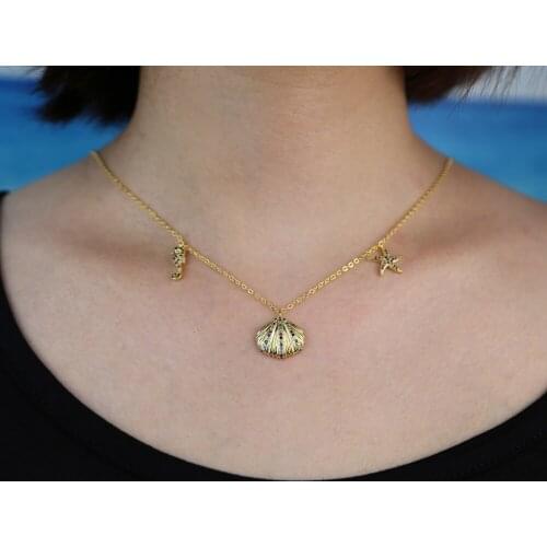 Beautiful marine organism sea horse starfish shell pendant statement necklaces for women paved colorful micro cz fashion jewelry