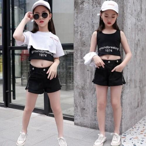 DIIMUU Summer Fashion Children Clothing Set Girls Clothes Vest + Short T-shirt + Shorts 5-13 Years Kids Baby Girl Outfits Suit