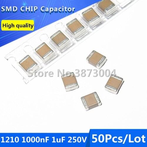 50pcs 1210 1000nF 1uF 250V 10% Thick Film Chip Multilayer Ceramic Capacitor