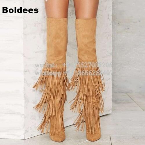 Fashion Slim Fit Winter Over The Knee High Heel Boots Woman Tassel Thigh High Pointed Toe Fringe Boot Thin High Heels