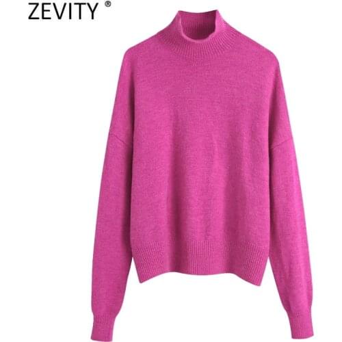 Zevity Women Fashion Mock Neck Solid Candy Color Casual Knitting Sweater Female Chic Basic Long Sleeve Pullover Brand Tops SW937