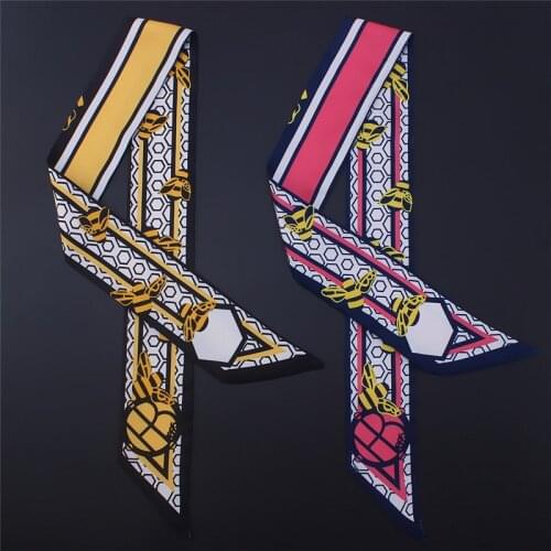 New womens bandanas 2021 geometric bee printing luxury silk scarf skinny long strip tied bag handle ribbon turban headband MQ9