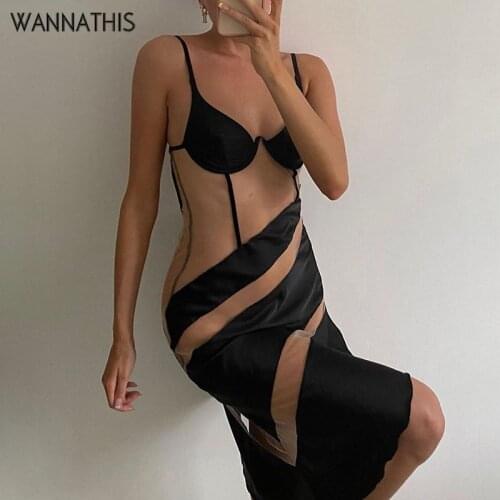 WannaThis Sexy Mesh Dresses Patchwork See-Through Spaghetti Strap Skinny Dress For Women 2020 Fashion Club Party Bodycon Dresses
