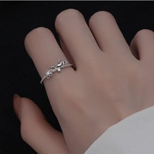 Silver Cute Cat Adjustable Ring Romantic Ladies Zircon Flower Butterfly Fashion Exquisite Girl Jewelry