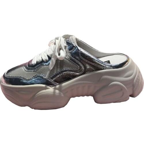 Free shipping silver pink patent leather genuine leather lace up women lady girl 5cm platform comfortable outside street slipper