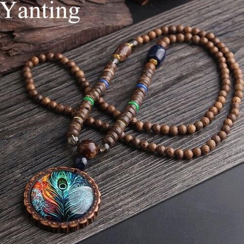 Yanting Ethnic Peacock Pendant Necklace Nepal Style Jewelry Sandalwood Beads Long Sweater Chain Vintage Statement Necklace 0129
