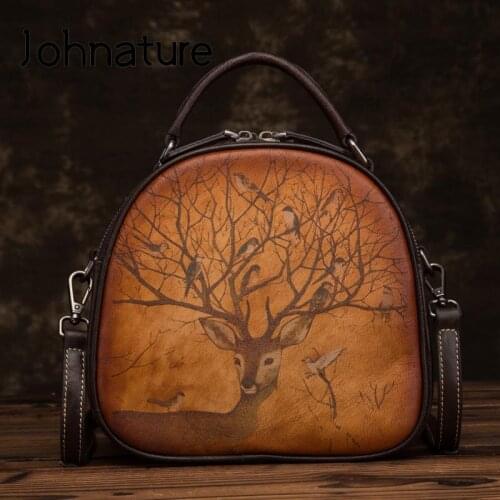 Johnature Retro Animal Prints Genuine Leather Women Bag 2021 New Versatile Cowhide Handbag Leisure Shoulder & Crossbody Bags