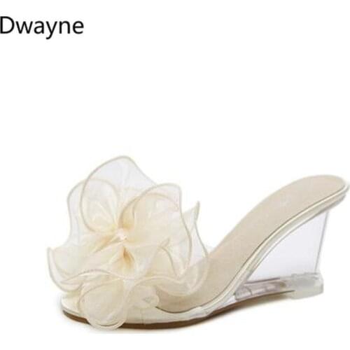 Dwayne wedges heel sandals women 2017 summer new sexy crystal transparent high heels diamond slides slippers women Banquet fgb4