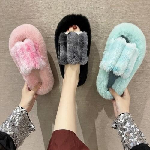 2021 Winter Keep Warm Women Fur Furry Slippers Fluffy Soft Indoor Slides Thick Flats Heel Non Slip Luxury House Shoes MTX126