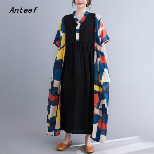 Short sleeve cotton vintage print dresses for women casual loose long woman summer dress elegant clothes 2021 sundress