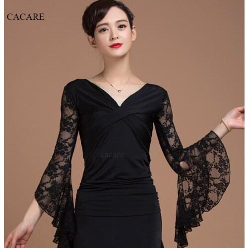 Latin Ballroom Dance Top Shirt Women CHEAPEST Lace Bell Sleeve Elegant Dance Shirt D0040 V Neck