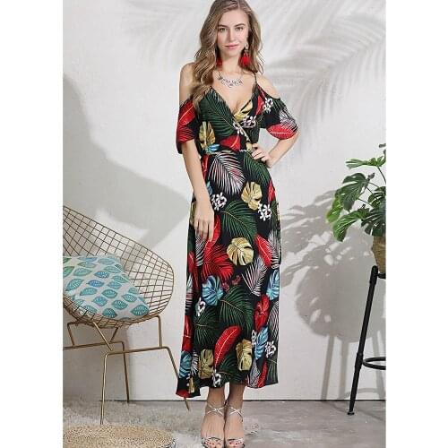 2019 Women Summer Boho Dress Long Sexy Deep V-Neck Short Sleeve Dresses Casual Spaghetti Strap Flora Print Female Vestidos