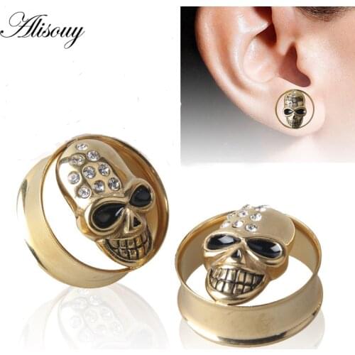 Alisouy 1 Pair Stainless Skull Ear Gauges Plugs Tunnels Screw Fit Expansion Ear Stretched Piercing Flesh Tunnels Body Jewelry