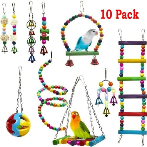 10pcs Parrot Toys Metal Rope Budgie Cockatiel Cage Toys Parrot Stand Ladder Climbing Toy Bird Hollow Bell Ball Pet Bird Supplies