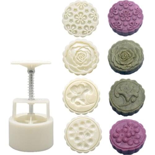 125g Mooncake Barrel Mold with 4pcs Stamps Hand Press Moon Cake Pastry Mould DIY Bakeware