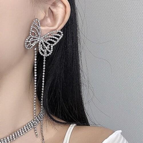 2021 Fashion Rhinestone Long Tassel Butterfly Drop Earrings For Women Luxury Crystal Wedding Bridal Butterfly Dangle Earrings