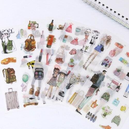 6pcs and Paper Stickers Pack Urban Girls Fashion Series Creative Space Hand Account Travel Diary DIY Daily Life Cover Decoration
