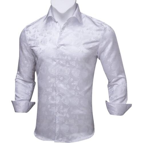 Barry.Wang White Sliver Floral Silk Shirts Men Autumn Long Sleeve Casual Flower Shirts For Men Designer Fit Dress Shirts BCY-02