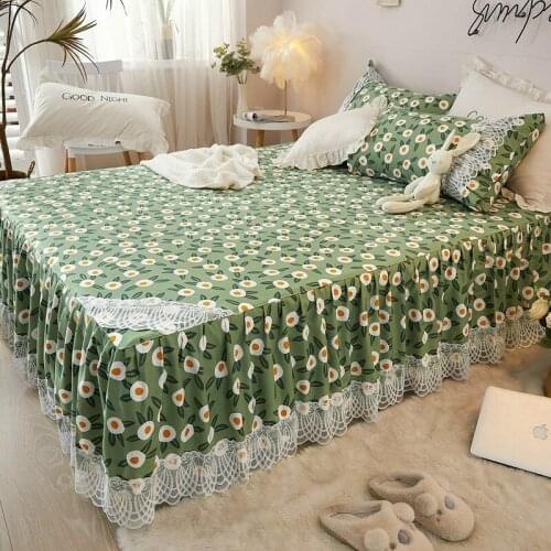 Cilected 3Pcs/Set Korean Small Floral Lace Bed Skirt Pillowcase Non-Slip Bedspread Ins Single Double Mattress Protection Cover