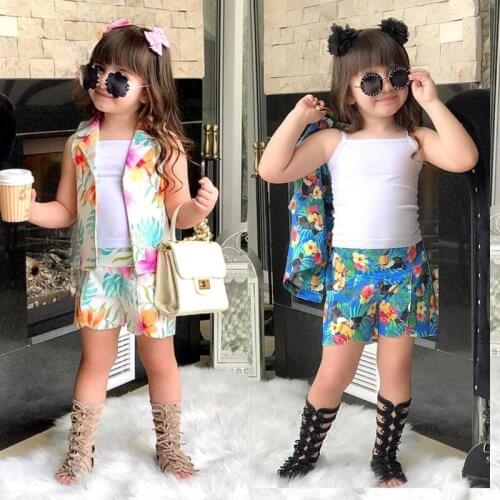Kids fashion Clothes Girls Floral Vest + Coats +Pants 3 Pcs Clothing Sets Childrens ins Europe and America suit sets D1347