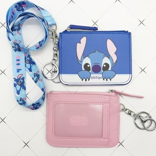Disney Stitch PU coin purse card holder keychain key lanyard meal card bus card case coin bag Mickey mouse Document card bag