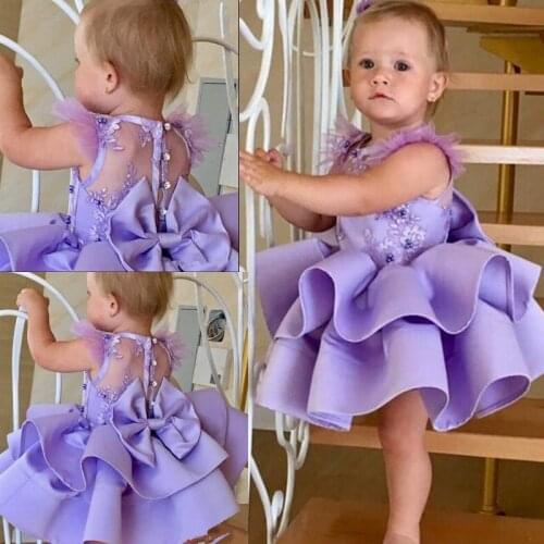 Lavender Ruffles Flower Girl Dress with Bow Sheer Back Beading Knee-Length Satin Cute Custom Made Kids Birthday Party Gowns
