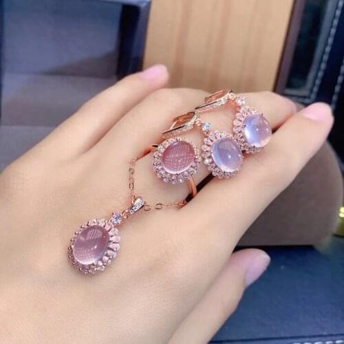 Best Gift Natural and Real Natural Rose Quartz jewelry set Rose Quartz 925 sterling silver 1pc pendant,1pc ring,2pcs Earring
