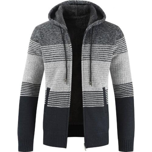 New Mens Sweater Coat 2020 Spring Autumn Mens Hooded Stripe Coat Thick Zipper Wool Sweater Cardigan Jumpers Male