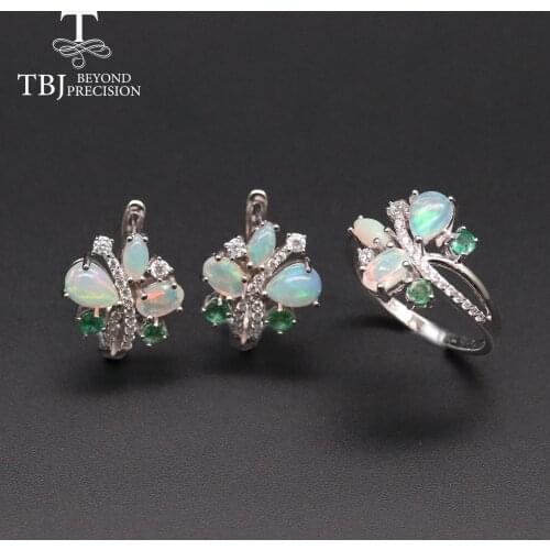 TBJ, Colorful gemstone Jewelry set natural Ethiopia Opal zambia emerald gemstone earring ring 925 sterling silver fine jewelry
