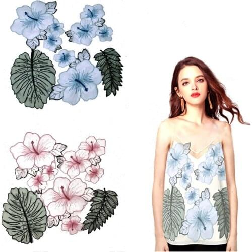 Organza embroidery patch cloth pastes pink flowers leaves large patch hole patterns hand-sewed decorative accessories