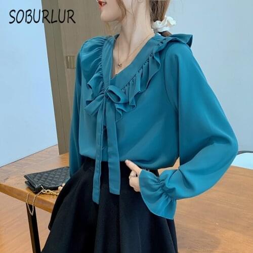 SOBURLUR 2021 New Long sleeve Tshirt Womens T-shirts Ruffle Lace Up Bow Crop Top Woman Clothing Solid color Blousas LGirls Lady