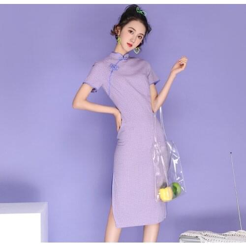 Summer New Plaid Cheongsam Modified Version of Literary and Artistic Young Short Sleeve Split Long Dress