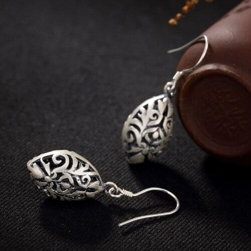 S990 Fine Silver Matte Totem Hollow-out High-grade Silver Ways Ear Hook Earrings Wholesale