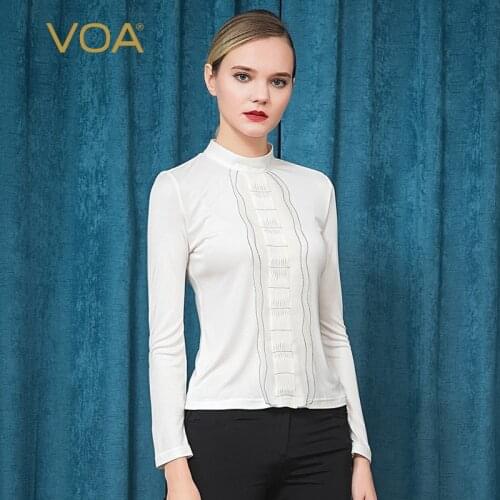VOA Silk Double-sided Knitted Semi-high Collar Long Sleeve Woman Tshirts B9388 Three-dimensional Folded High-elastic T-shirt