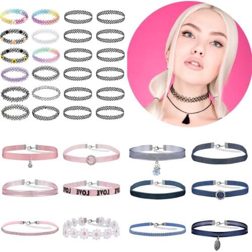 ZEMO 6PCS/12PCS Flower Net Choker Necklace Set For Women Girls Stretch Elastic Henna Tattoo Colorful Cloth collar Necklace Party