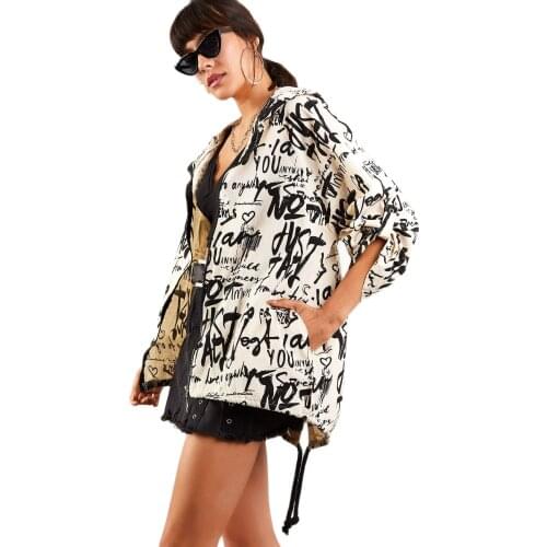 Womens Clothing Stone-Black Printed Hooded Zipper Linen Jacket 100 Cotton Turkish Fabric Quality S-M-L Size