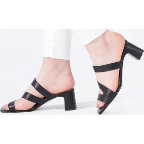 Callizio Womens Genuine Leather Slippers Woman Square Toe New Fashion 2021 Ladies Modern Sandals Style for Dress Heeled Model