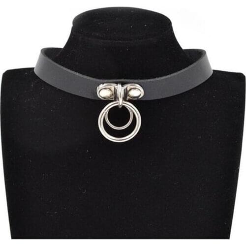 Gothic Punk Style Double Ring Pendant Snap Fastener PU Leather Choker Collar Chocker Neck For Women