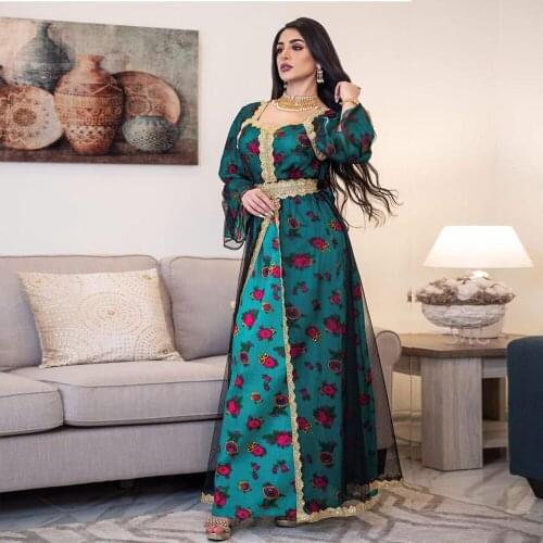 Women Floral Print Muslim Dress India Folk Emboridery Hem Mesh Patchwork Turkey Hijab 2020 Autumn Abaya Dress Islamic Robe