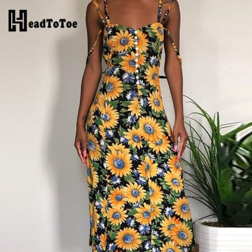 Allover Floral Print Buttoned Cami Dress Women Spaghetti Strap Mid-calf Summer Dress
