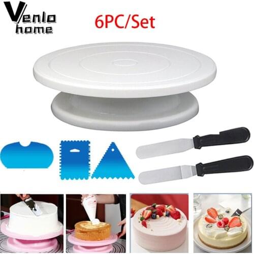 6Pcs/Set Plastic Cake Plate Turntable Aluminum Spatula Cream Scraper Set Cake Decorating Rotary Plate Table Kitchen Baking Tool