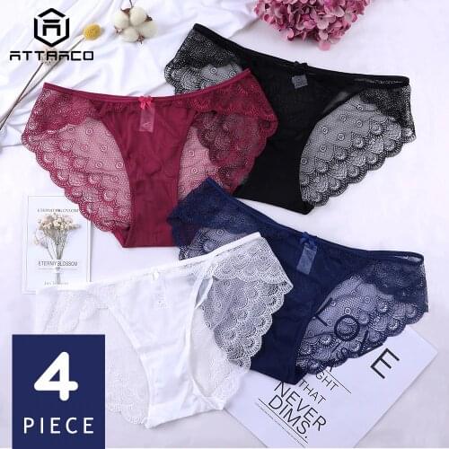 ATTRACO Womens Underwear Panties Briefs Lace Hipster V String Cotton 4 Pack Cueca Calcinha Tanga Thong Lace Edge Transparent