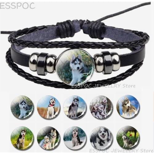 Siberian Husky Bracelet Wolf Dog Puppy Steampunk Black Leather Bracelets Punk Jewelry Gothic Styled Fashion Unisex Accessories