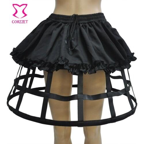 Black 4 Hoops PU & Ruffle Linen Flat Bone Petticoats For Wedding Underskirt Gothic Lolita Skirt Steampunk Corset Skirts
