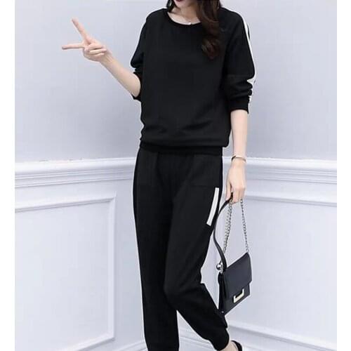Black Sporting Suit Female 2019 Womens Two Piece Sets O Neck Pullover Pants Set Womens Track Suits Plus Size AA5002