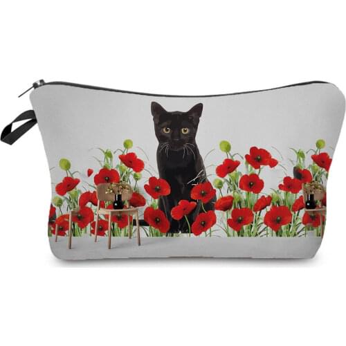 Black Cat Double Sided Printed Cosmetic Bag Red Floral Women Makeup Bag Cool Fashion Storage Bags Ladies Toiletry Bag Portable