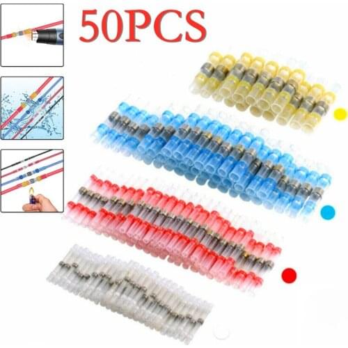 50pcs Electrical Heat Shrink Crimp Terminals Insulation Solder Seal Butt Wire Connectors Waterproof Cable Splice Terminal Kit