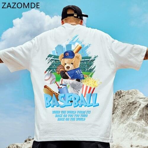 ZAZOMD Hip Hop Streetwear Harajuku Tshirt Baseball Bear Print T-Shirt Cotton Casual Short Sleeve T Shirt 2021 Men Summer Tops